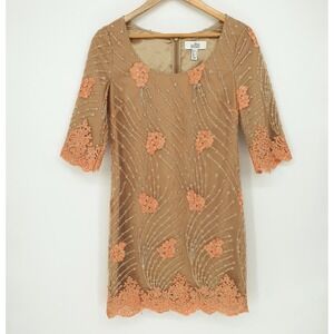 Belle Badgley Mischka Elena Peach Floral Metallic Sheath Dress Cocktail Sz 2
